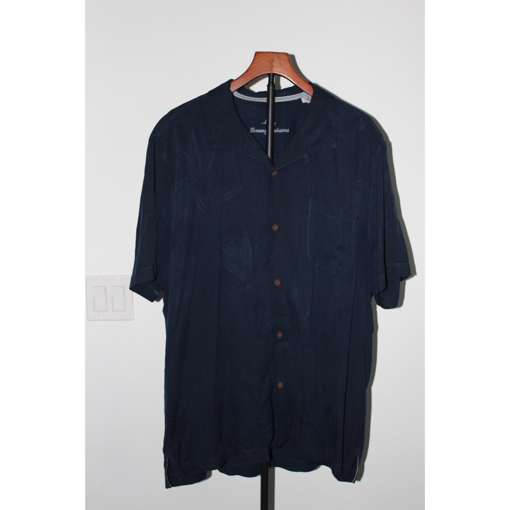Tommy Bahama Mens Navy Blue 100% Silk Short‎ Sleeve Button Up Shirt XL